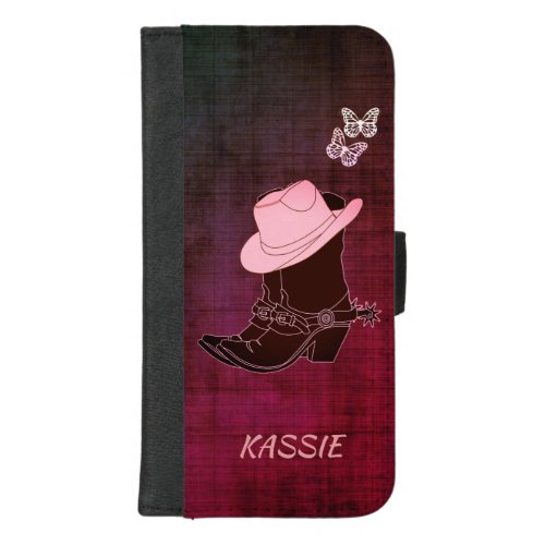 Cowgirl Boots Hat Butterfly Burgundy Personalized iPhone 87 Plus Wallet Case