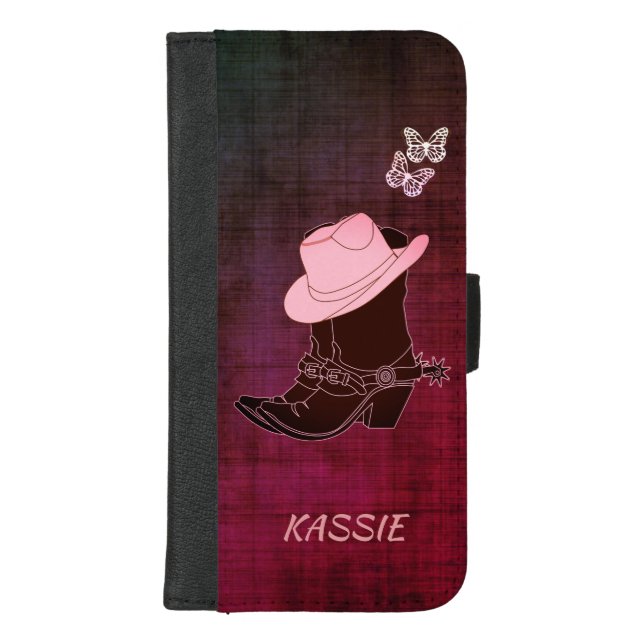 Cowgirl Boots Hat Butterfly Burgundy Personalized iPhone Wallet Case (Front)
