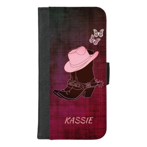 Cowgirl Boots Hat Butterfly Burgundy Personalized iPhone 87 Plus Wallet Case