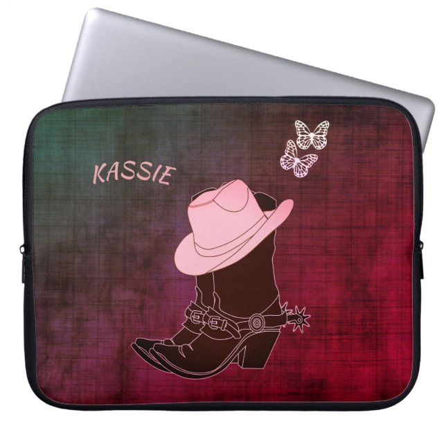 Cowgirl Boots Hat Butterfly Burgundy Personalized Laptop Sleeve (Front)