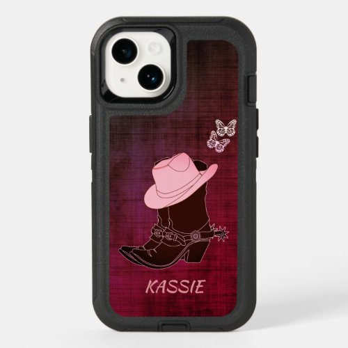 Cowgirl Boots Hat Butterfly Burgundy Personalized OtterBox iPhone 14 Case