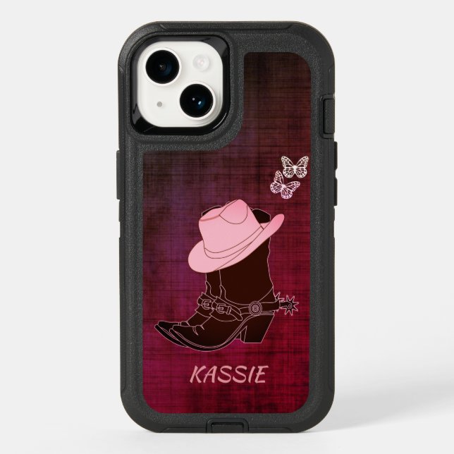 Cowgirl Boots Hat Butterfly Burgundy Personalized Otterbox iPhone Case (Back)