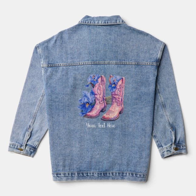 Cowgirl Boots & Iris Flowers w/ Text Denim Jacket (Back)