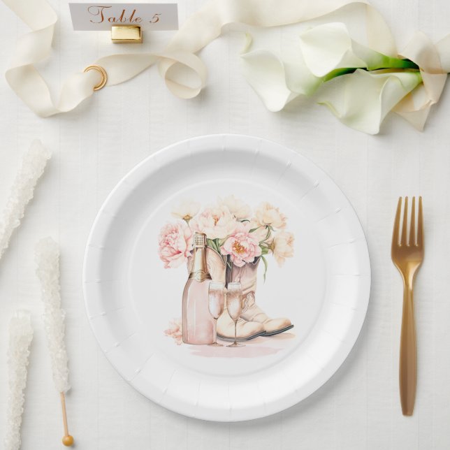 Cowgirl Boots Peonies Blush Pink BRIDAL SHOWER Paper Plates (Wedding)