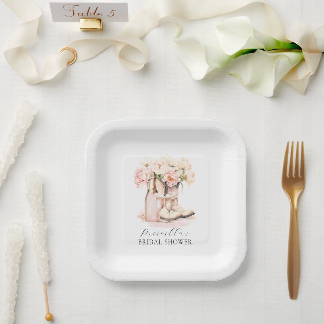 Cowgirl Boots Peonies Blush Pink BRIDAL SHOWER Paper Plates (Wedding)