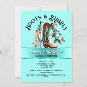 Cowgirl boots peony aqua teal floral bubbly glam invitation
