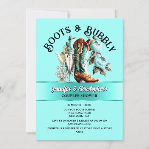 Cowgirl boots peony aqua teal floral bubbly glam invitation