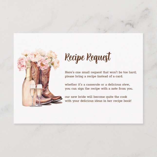 Cowgirl Boots Rustic Bridal Shower RECIPE REQUEST Enclosure Card (Front)