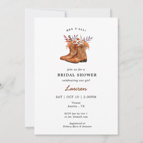 Cowgirl Boots Rustic Western Bridal shower Invitation
