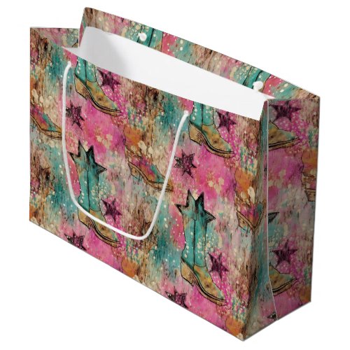 Cowgirl Boots Stars Distressed Retro Pattern Large Gift Bag