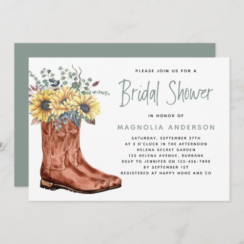 Cowgirl Boots Sunflower Eucalyptus Bridal Shower Invitation