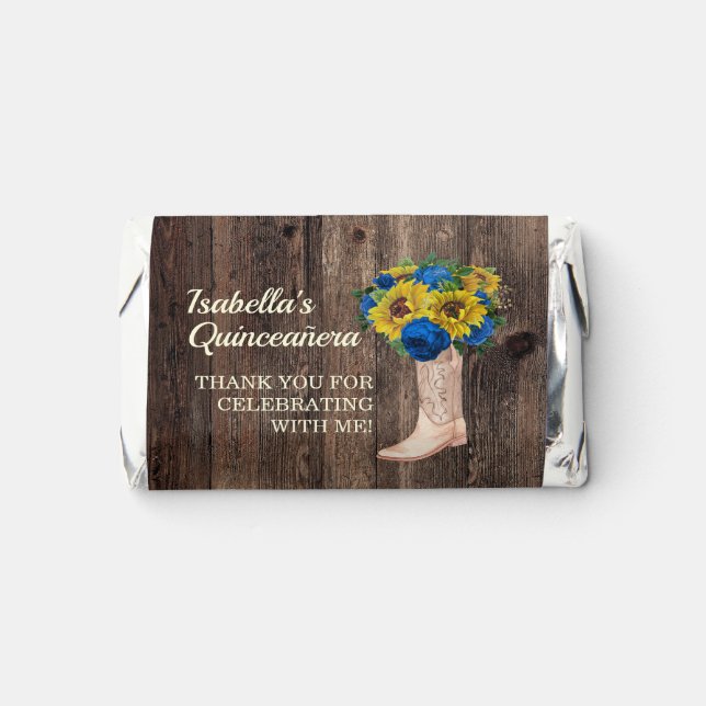 Cowgirl Boots Sunflowers Blue Roses Quinceañera  H Hershey's Miniatures (Front)