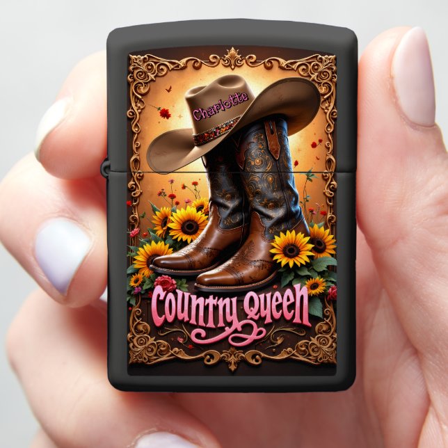 Cowgirl Boots Sunflowers Ornate Zippo Lighter (In Hand)