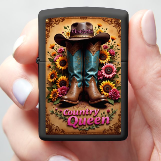 Cowgirl Boots Sunflowers Pink Daisies Zippo Lighter (In Hand)