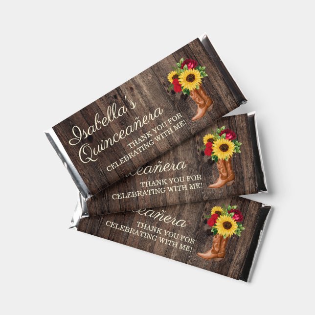 Cowgirl Boots Sunflowers Red Roses Quinceañera  Hershey Bar Favors (Front)