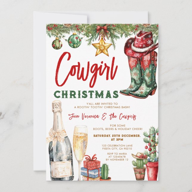 Cowgirl Boots & Wine Western Christmas Party Invitation (Front)