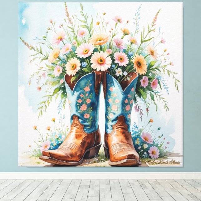 Cowgirl Bouquet Canvas Print | Wall Art (Insitu(Wood Floor))