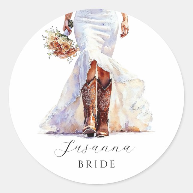 Cowgirl Bride Boots Wedding Gown  Classic Round Sticker (Front)