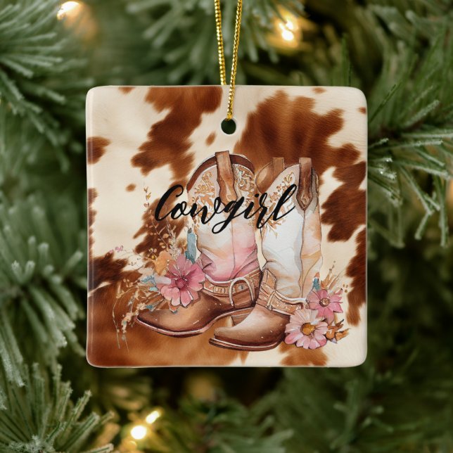 Cowgirl Brown Cowhide western Cowboy Boots Ceramic Ornament (Tree)