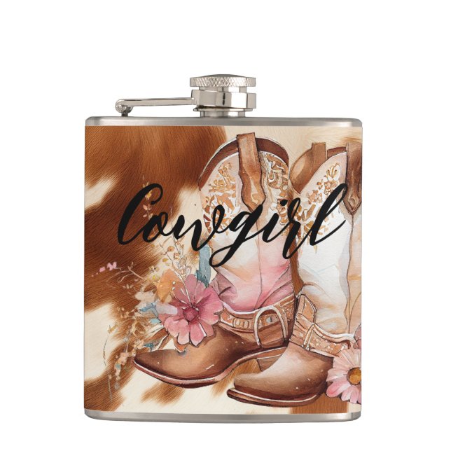 Cowgirl Brown Cowhide western Cowboy Boots Flask (Front)