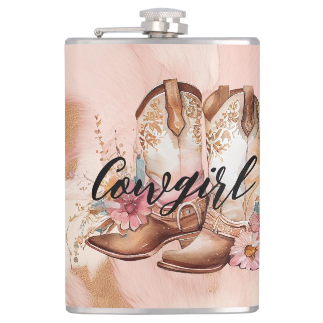 Cowgirl Brown Cowhide western Cowboy Boots Flask (Front)