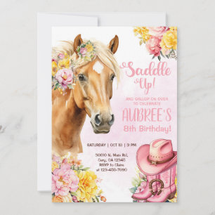Cowgirl, brown horse, saddle up birthday invite. invitation