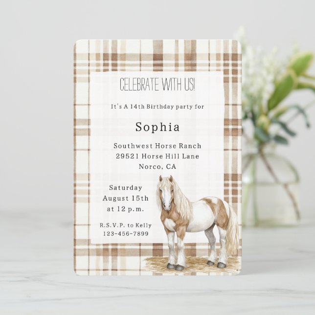 Cowgirl Brown Plaid Stripes Horse Birthday   Invitation (Standing Front)