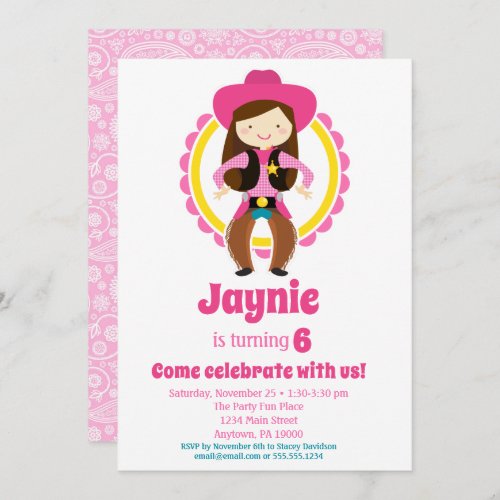 Cowgirl _ Brunette Cute Cowgirl Birthday Party Invitation