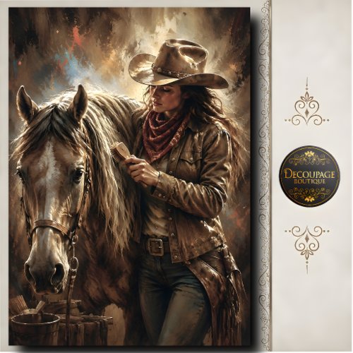 Cowgirl Brushing Horse Western Portrait Artwork Tissue Paper