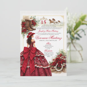 Cowgirl Burgundy Western Quinceañera Charra Invitation