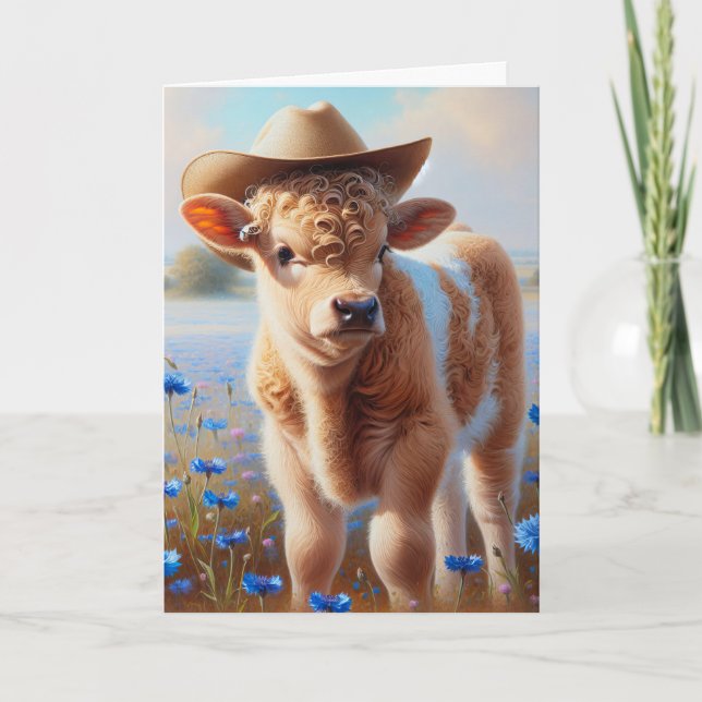 Cowgirl Calf In Pasture With Cornflowers Card (Front)