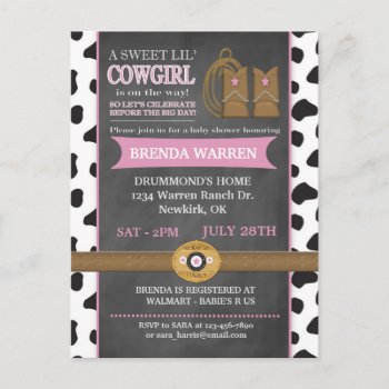 Cowgirl Chalkboard Baby Shower Invitation Postcard by mybabybundles at Zazzle