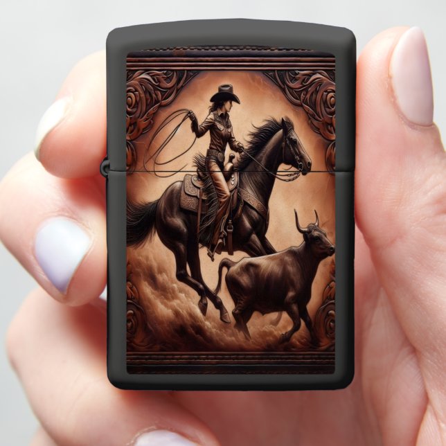 Cowgirl Chases Bull Zippo Lighter (In Hand)