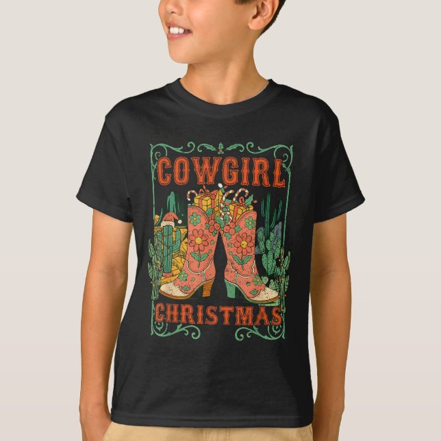 Cowgirl Christmas Boots Cactus Retro Western Holid T-Shirt (Front)