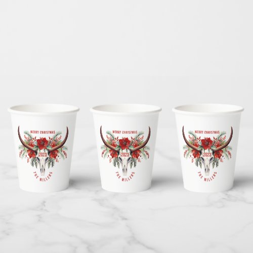 Cowgirl Christmas Floral Bull Sugar Skull Paper Cups
