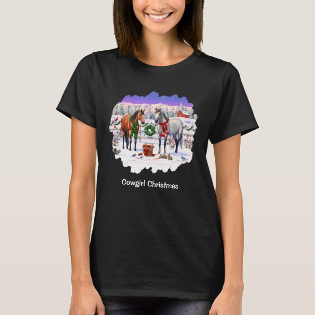 Cowgirl Christmas Horses in Snow T-Shirt (Front)
