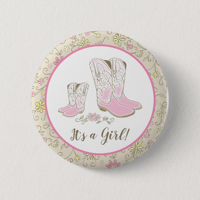 Cowgirl Country Western Theme Pink Baby Shower Button (Front)