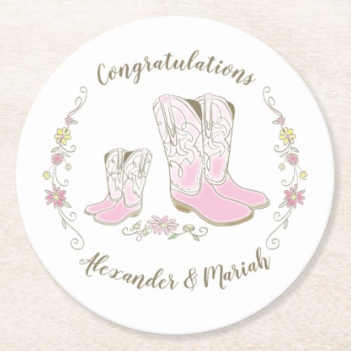 Cowgirl Country Western Theme Pink Baby Shower Round Paper Coaster