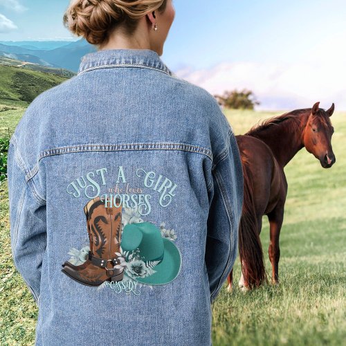 Cowgirl cowboy boots hat Girl Love horses name Denim Jacket
