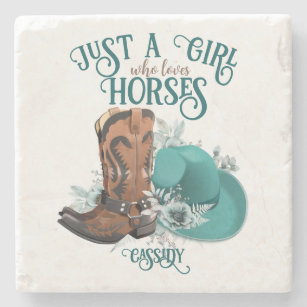 Cowgirl cowboy boots hat Girl Love horses name Stone Coaster