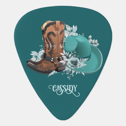 Cowgirl cowboy boots hat turquoise brown name guitar pick