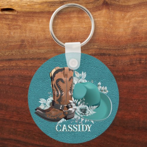 Cowgirl cowboy boots hat turquoise brown name keychain