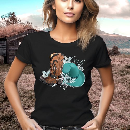 Cowgirl cowboy boots hat turquoise brown name T_Shirt