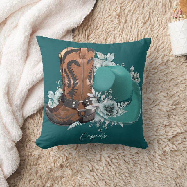 Cowgirl cowboy boots hat turquoise brown name throw pillow (Blanket)