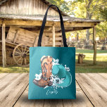 Cowgirl cowboy boots hat turquoise brown name tote bag<br><div class="desc">Cowgirl tote bag with brown cowboy boots,  turquoise cowboy hat and flowers. Personalize it with a name,  but you can leave the name field empty if you don't need it. You can transfer this design to any other product on Zazzle,  look at: "Transfer design to a product"!</div>