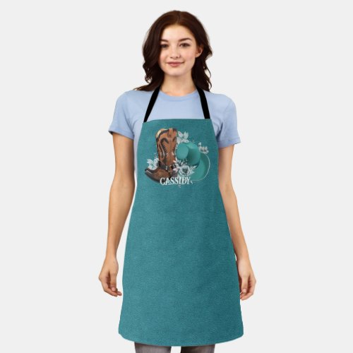 Cowgirl cowboy boots hat turquoise leather name apron