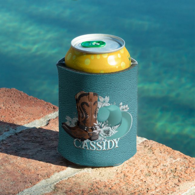 Cowgirl cowboy boots hat turquoise leather name can cooler (In Situ Pool)