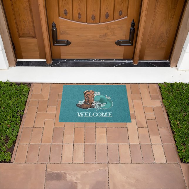 Cowgirl cowboy boots hat turquoise leather name doormat (Outdoor)