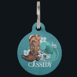 Cowgirl cowboy boots hat turquoise leather name pet ID tag<br><div class="desc">Cowgirl style design for your barn dog,  ranch dog with brown cowboy boots,  turquoise cowboy hat and flowers on faux turquoise leather. Personalize it with a name and phone number. You can transfer this design to any other product on Zazzle,  look at: "Transfer design to a product"!</div>