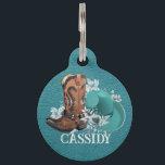 Cowgirl cowboy boots hat turquoise leather name pet ID tag<br><div class="desc">Cowgirl style design for your barn dog,  ranch dog with brown cowboy boots,  turquoise cowboy hat and flowers on faux turquoise leather. Personalize it with a name and phone number. You can transfer this design to any other product on Zazzle,  look at: "Transfer design to a product"!</div>